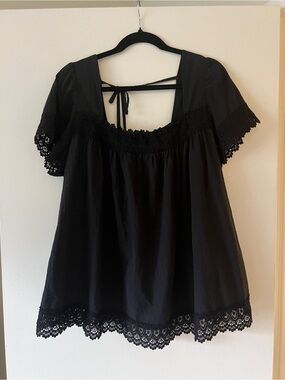 Summer Black Lace-Trim Oversized Peasant Top